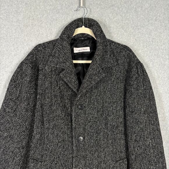 Calvin‎ Klein Jacket Large Black Wool Tweed Pea Coat Long Warm Pockets Collar - Picture 2 of 13